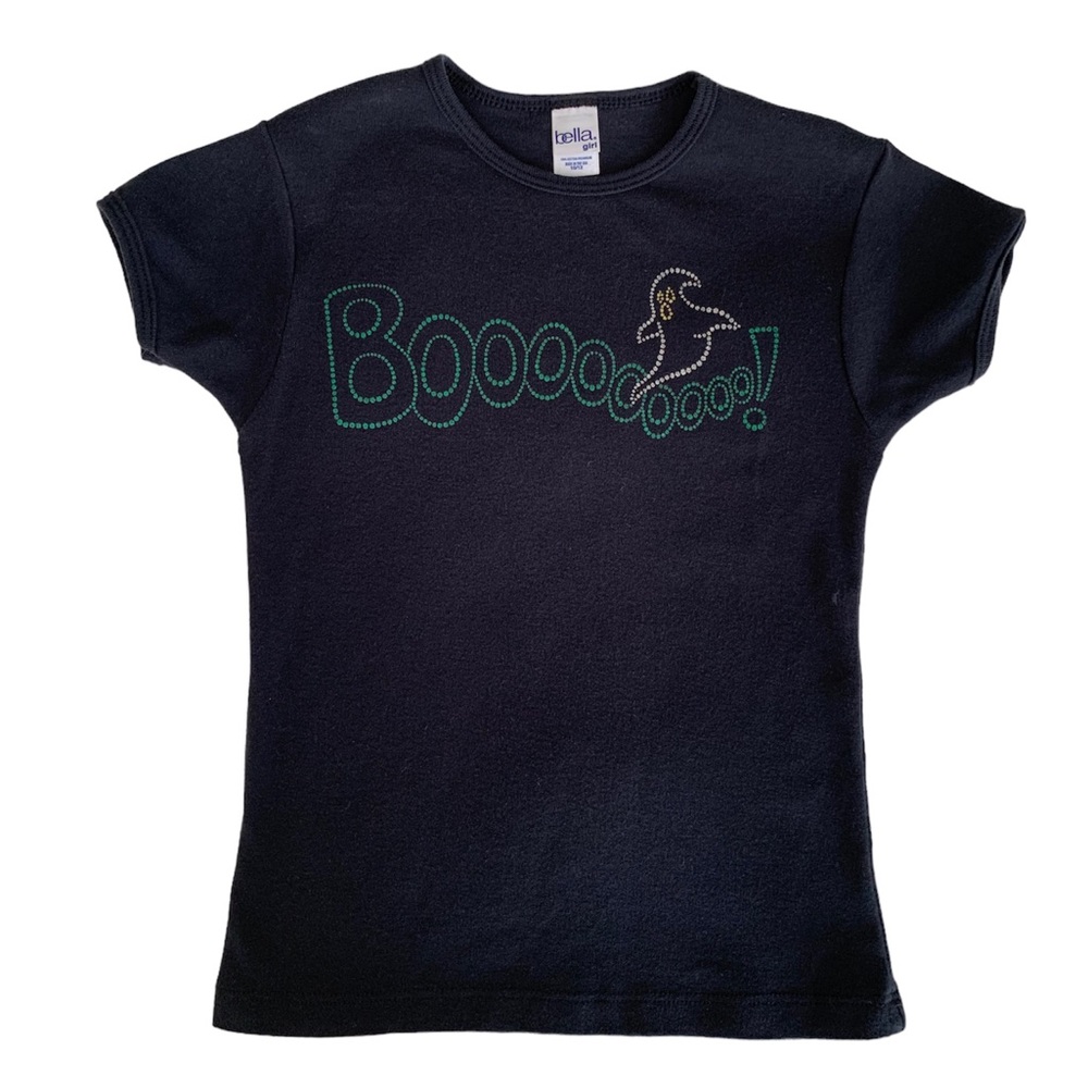 Bella Girl T-Shirt Boo Halloween Ghost Short Cap Sleeves Black Girls Size 10/12